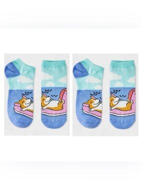 Women's Vacation Corgi Low Cut Socks - Blue/Pink 4-10 Animal Icon Pattern 2packs